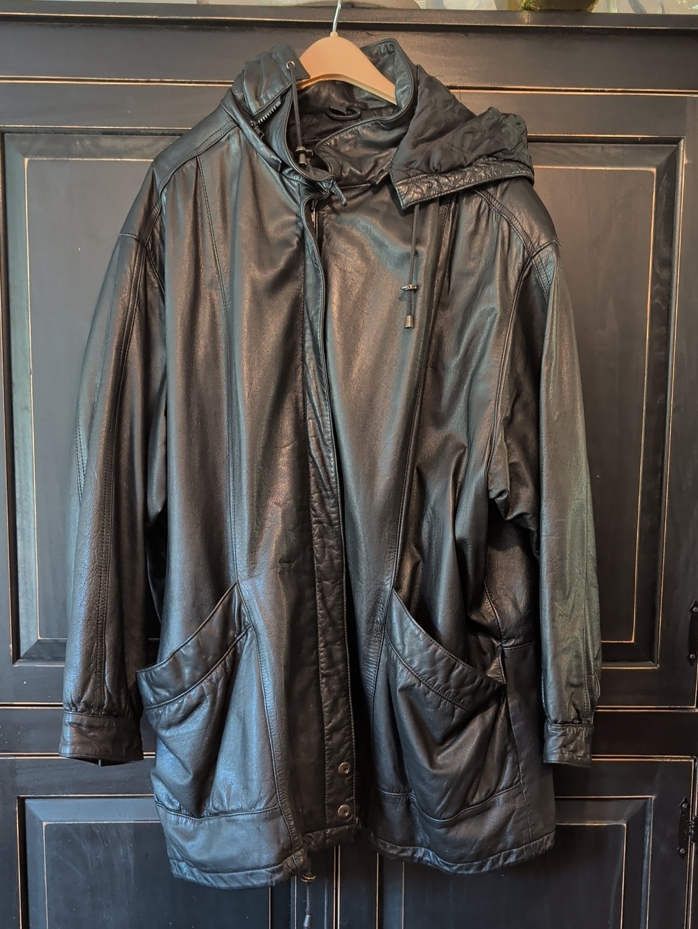 Women's Black Leather Hooded Jacket